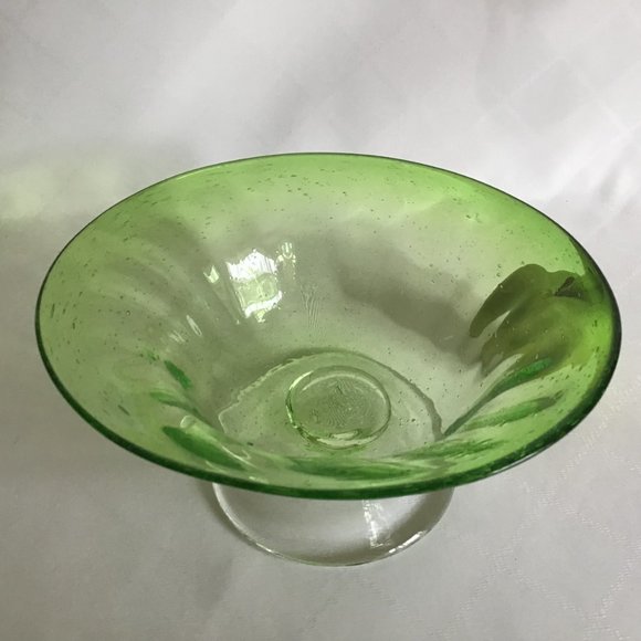 Hand Blown Art Glass Bubble Green glass Pedestal Bowl - Picture 5 of 9
